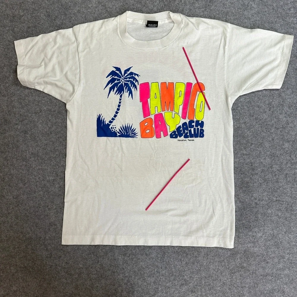 Screen Stars Tampico Bay Beach Club T-Shirt Large White Vintage Lifeguard‎ Tee